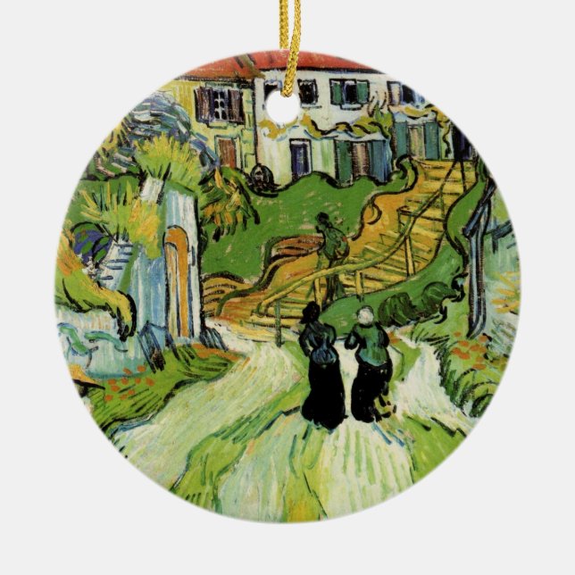 Van Gogh Village Street and Steps Auvers, Figures Ceramic Tree Decoration (Front)