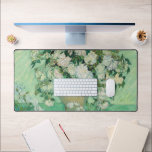 Van Gogh Vintage White Roses Large Computer Desk Mat<br><div class="desc">White roses computer and laptop large desk mat with vintage famous art from Vincent Van Gogh. Old famous painting from 1890 with flowers on a jar and a green tone background in a postimpressionist style. CCO license,  public domain art.</div>