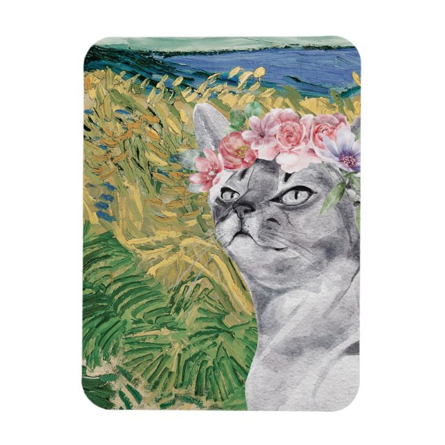Van Gogh Wheat Field and Fancy Cat Magnet (Vertical)