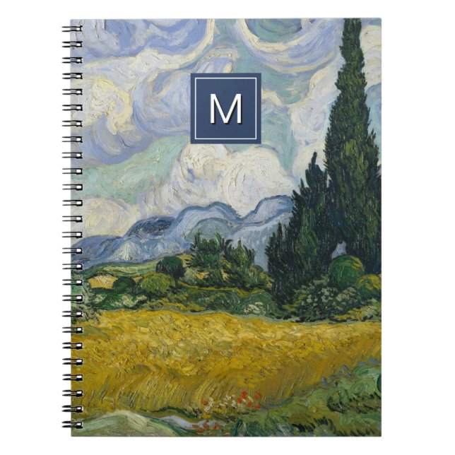 Van Gogh Wheat Field with Cypresses Art Monogram Notebook (Front)