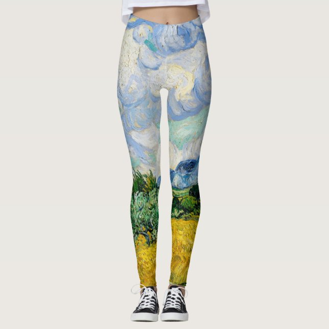 Van Gogh Wheat Field with Cypresses. Impressionism Leggings (Front)
