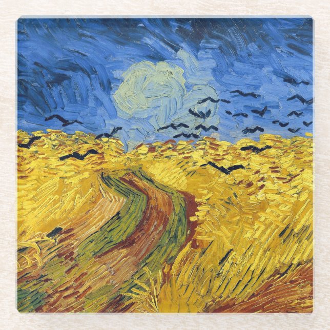 Van Gogh Wheat Fields impressionist Painting Glass Coaster (Front)