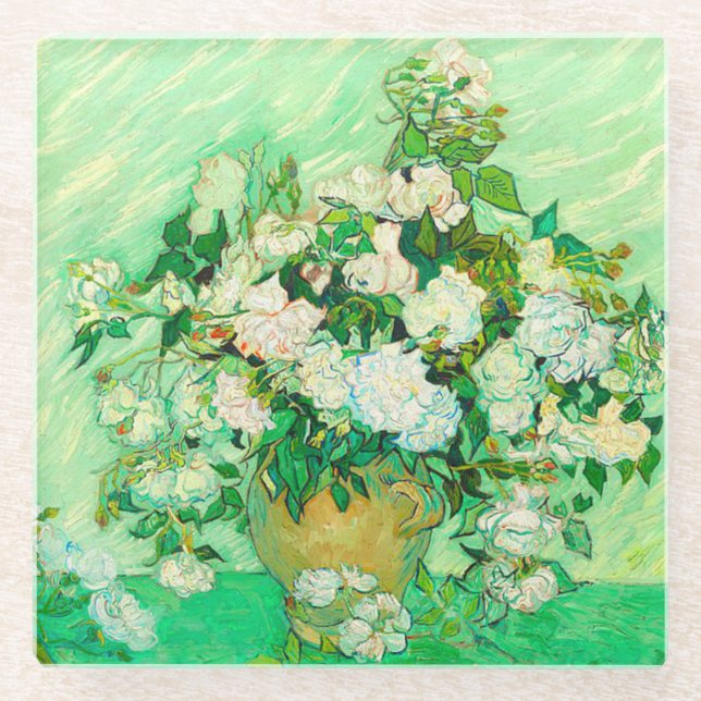 Van Gogh White Roses Glass Coaster (Front)