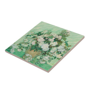 Van Gogh White Roses - Vintage Mint Floral Art Tile