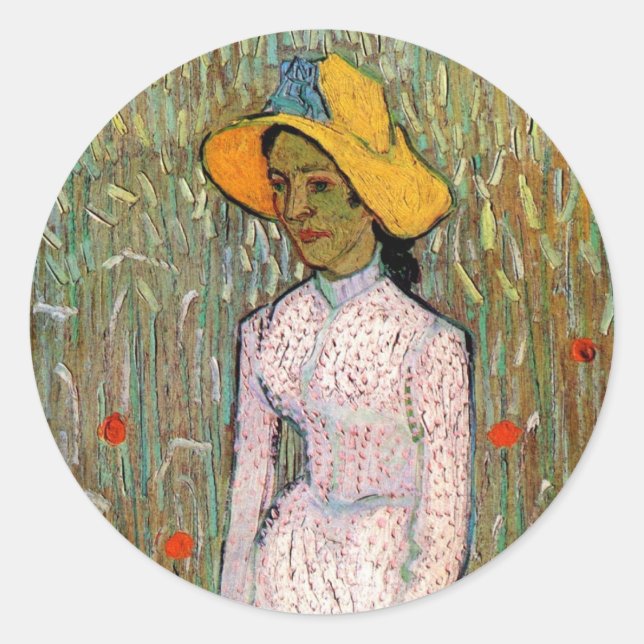Van Gogh, Young Girl Standing; Background of Wheat Classic Round Sticker (Front)