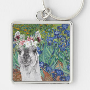 Van Gogh's Irises and Fancy Llama     Key Ring