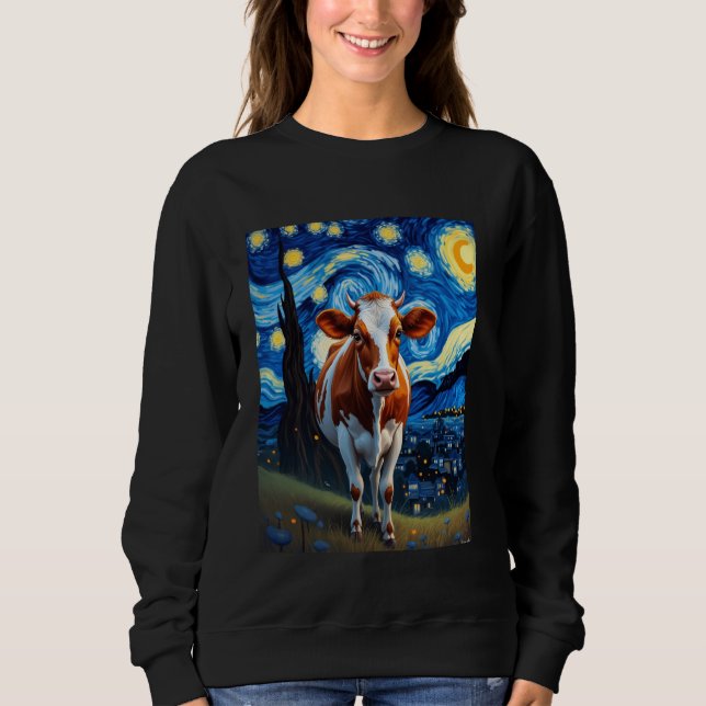 Van Gogh's Starry Night Cow Bovine Animal Lovers Sweatshirt (Front)