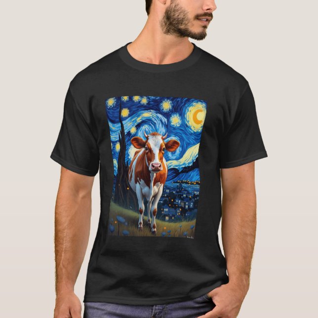 Van Gogh's Starry Night Cow Bovine Animal Lovers T-Shirt (Front)