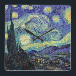Van Gogh's Starry Night Square Wall Clock<br><div class="desc">Van Gogh's masterpiece: Starry Night.
The Starry Night is an oil on canvas by the Dutch post-impressionist painter Vincent van Gogh. Painted in June 1889,  it depicts the view from the east-facing window of his asylum room at Saint-Rémy-de-Provence,  just before sunrise,  with the addition of an idealised village.</div>