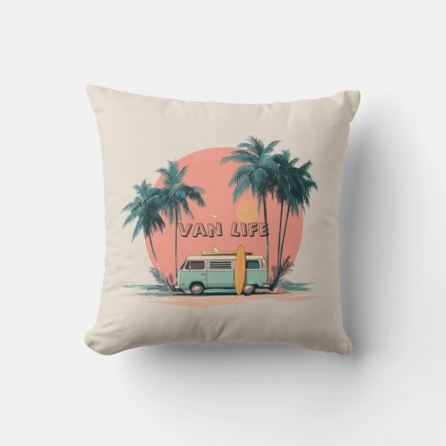 Van Life – Retro Beach Camper Art Cushion (Front)