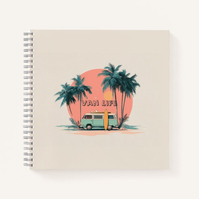 Van Life – Retro Beach Camper Art Notebook (Front)