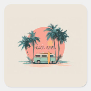Van Life – Retro Beach Camper Art Square Sticker