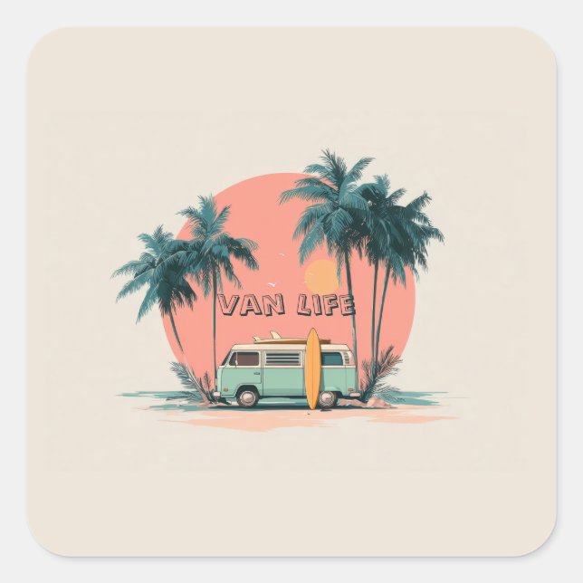 Van Life – Retro Beach Camper Art Square Sticker (Front)