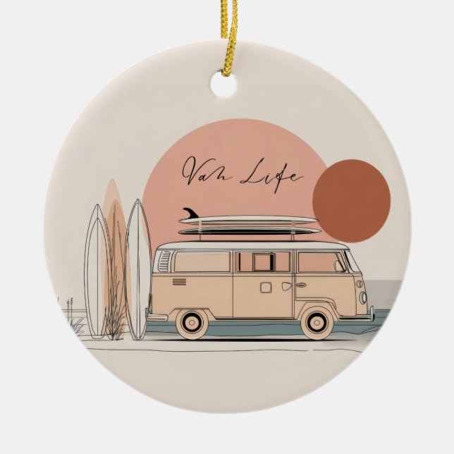 Van Life Surf Van – Retro Beach Camper Aesthetic  Ceramic Tree Decoration (Front)