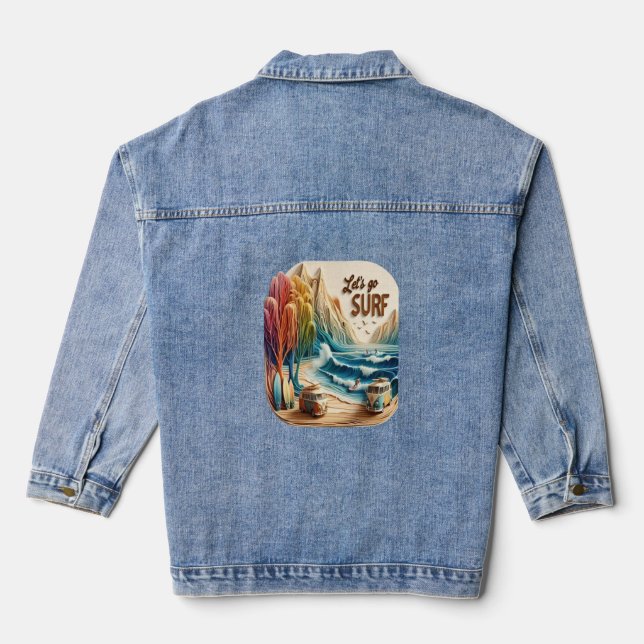 Van Parked With Surfboards on Sandy Shore Denim Jacket (Back)