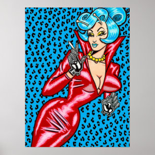 Vana DeVinyl™/Red Vinyl Dress/Blue Leopard Poster