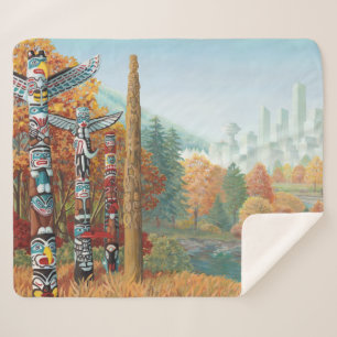 Vancouver Sherpa Blankets Totem Art Throw Blankets