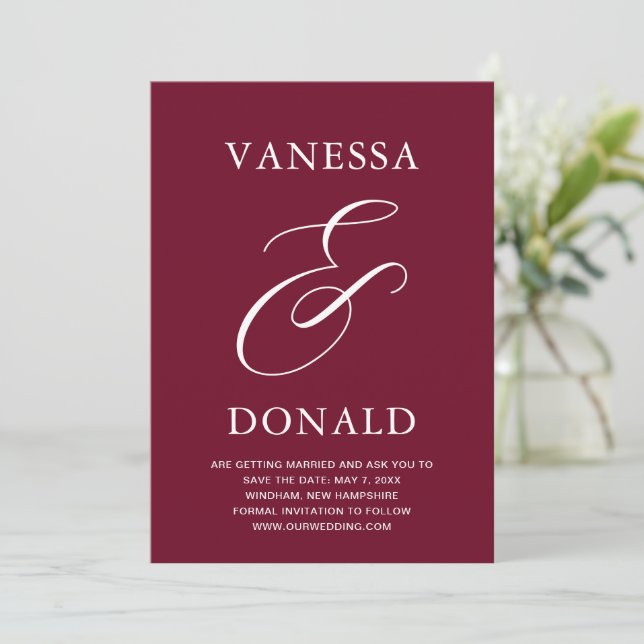 Vanessa Burgundy Modern Wedding Save The Date (Standing Front)
