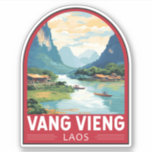 Vang Vieng Laos Travel Art Vintage<br><div class="desc">Vang Vieng retro vector travel design. Vang Vieng is a small town north of Vientiane,  on the Nam Song River in Laos. It's surrounded by striking limestone mountains and caves.</div>