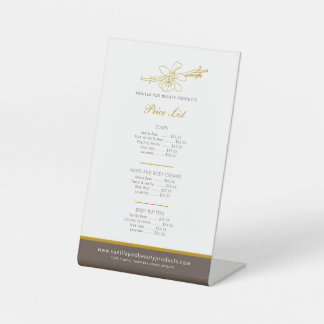 Vanilla beauty product price list brown yellow pedestal sign