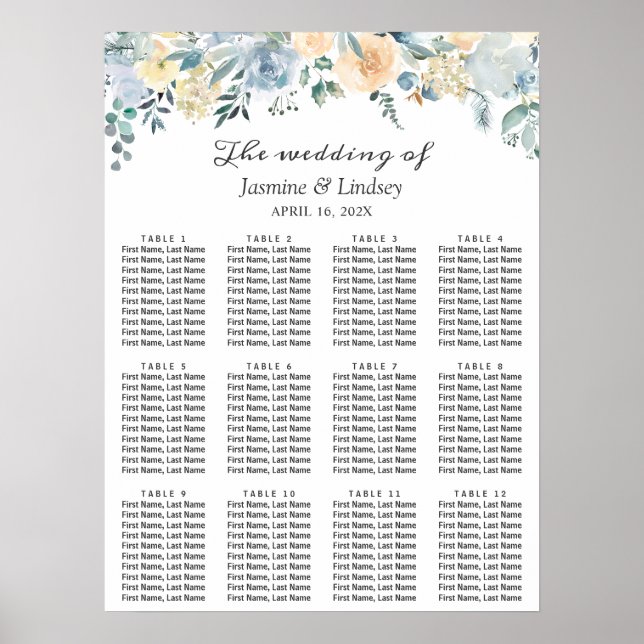 Vanilla Blue Floral Wedding Seating Chart Poster (Front)