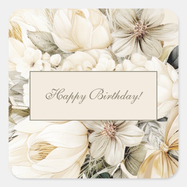 Vanilla Cream Floral Birthday Custom Square Sticker (Front)