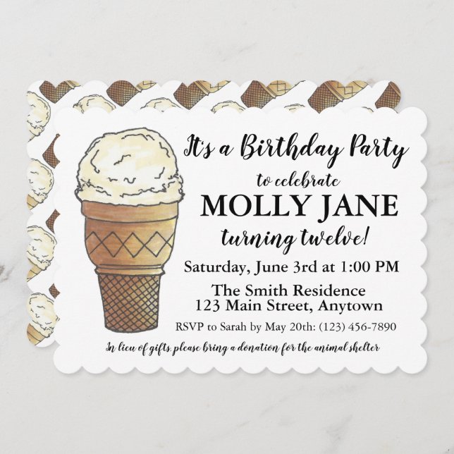 Vanilla Ice Cream Social Cone Scoop Birthday Party Invitation (Front/Back)