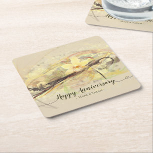 Vanilla Orchid Flower Abstract Art Calligraphy Square Paper Coaster