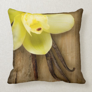 Vanilla Pods and Flower over Wooden Background Cushion
