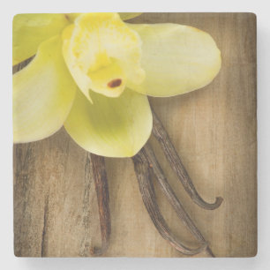 Vanilla Pods and Flower over Wooden Background Stone Coaster