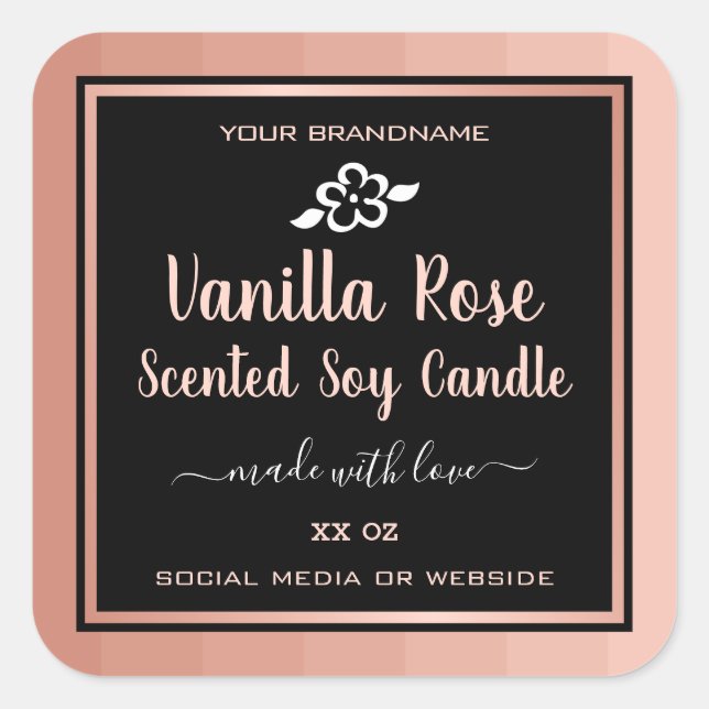 Vanilla Rose Scented Soy Candles Labels Pink Black (Front)