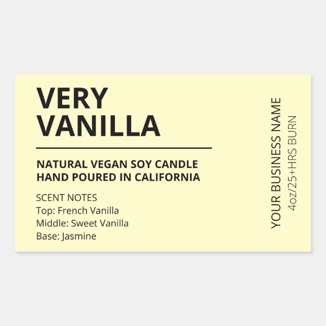 Vanilla Scented Pastel Yellow Soy Candle Labels (Front)