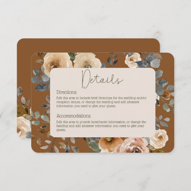 Vanilla White Boho Roses Rust Details Wedding Enclosure Card (Front/Back)