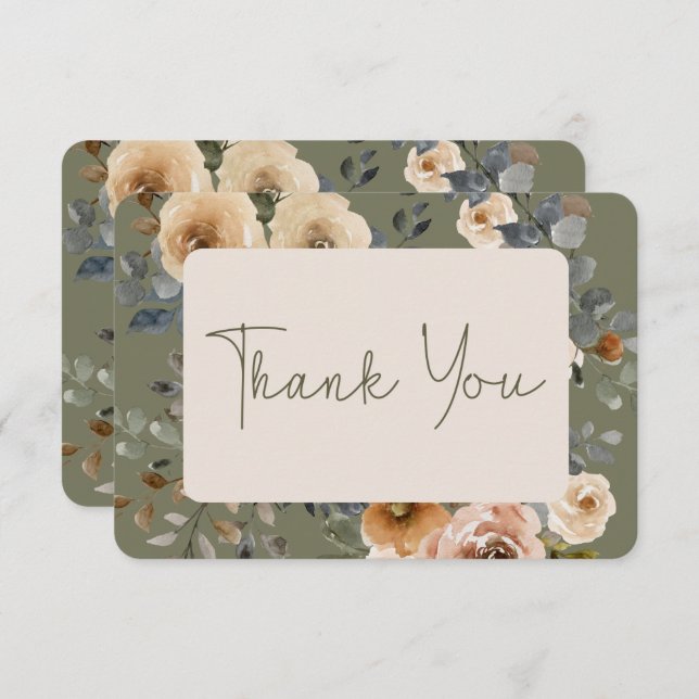 Vanilla White Boho  Roses Sage Wedding Thank You Card (Front/Back)