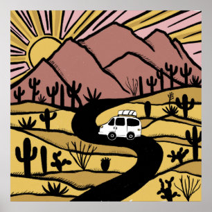 VANLIFE Desert Cacti Mountain Explore Adventure Poster