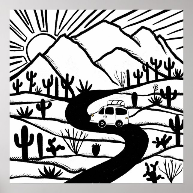 VANLIFE Desert Cacti Mountain Explore Adventure Poster (Front)
