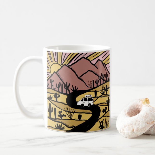 Vanlife Desert Mountain Explore Sunrise Coffee Mug (With Donut)