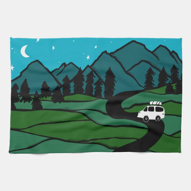 Vanlife in the Mountains Camping Moon Stars Tea Towel (Horizontal)