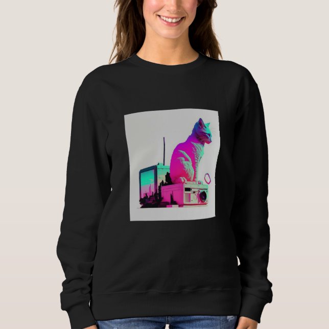 Vaperwave Aesthetic Glitch Cat Retrowave Synthwave Sweatshirt (Front)