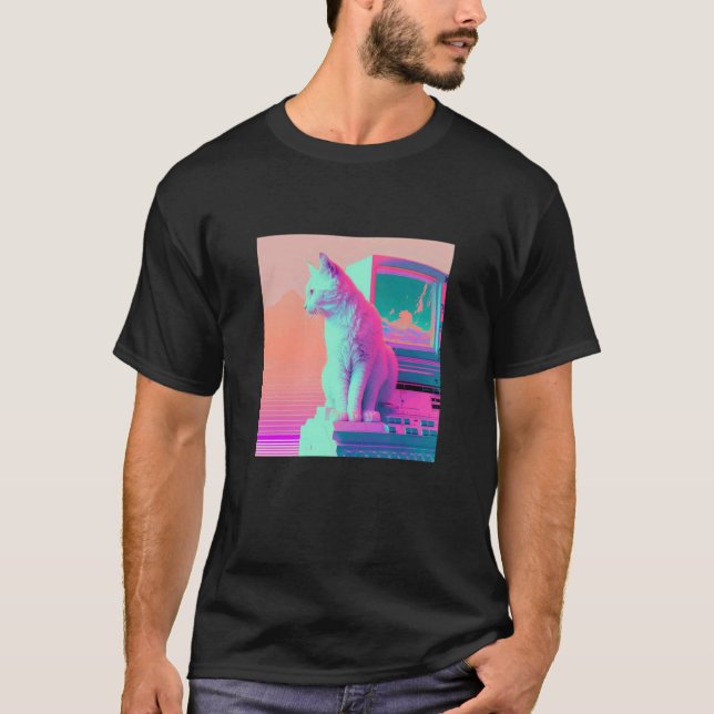 Vaperwave Aesthetic Glitch Cat Retrowave Synthwave T-Shirt (Front)