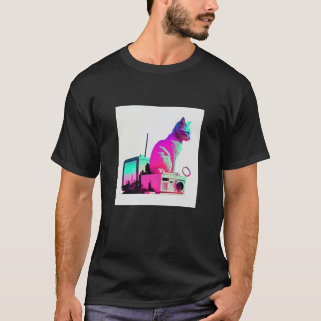 Vaperwave Aesthetic Glitch Cat Retrowave Synthwave T-Shirt (Front)