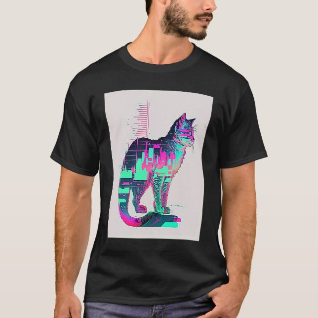 Vaperwave Aesthetic Glitch Cat Retrowave Synthwave T-Shirt (Front)