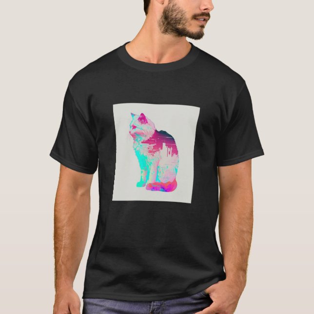 Vaperwave Aesthetic Glitch Cat Retrowave Synthwave T-Shirt (Front)