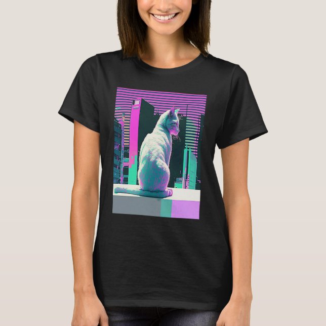 Vaperwave Aesthetic Glitch Cat Retrowave Synthwave T-Shirt (Front)