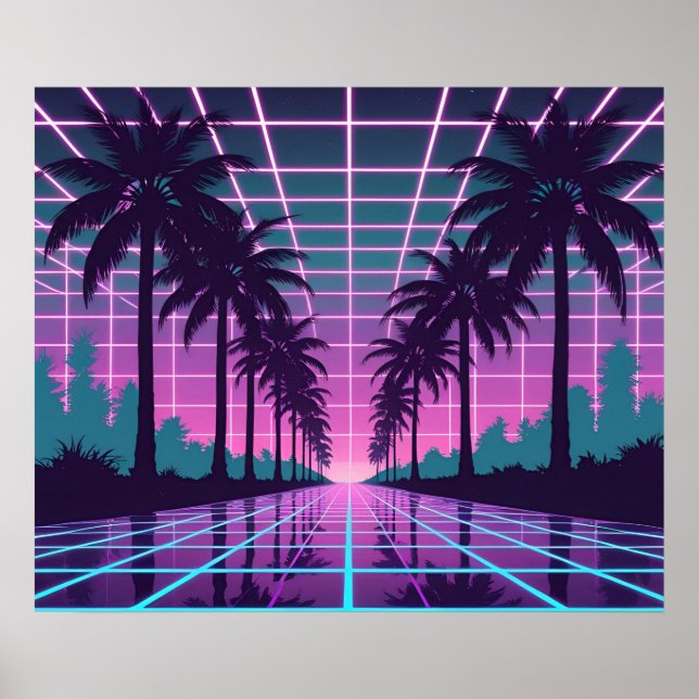 Vaporwave 80s Neon Grid Synthwave Art Poster (Front)