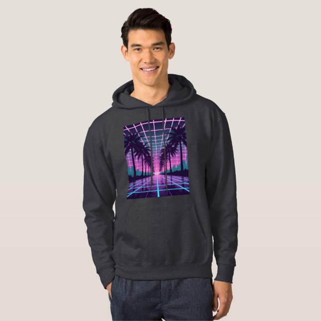Vaporwave 80s Neon Grid Synthwave Art Poster  Hoodie (Front Full)