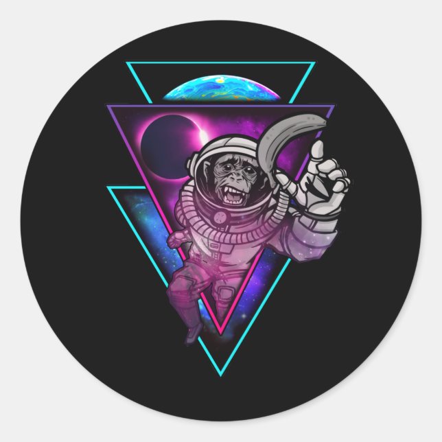 Vaporwave Astronaut Space Art Monkey Banana Classic Round Sticker (Front)