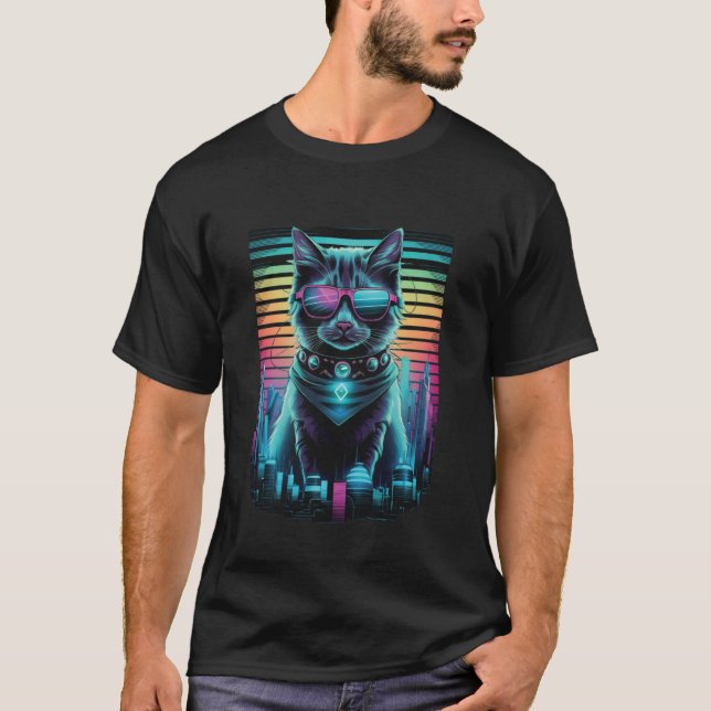 Vaporwave cat aesthetic synthwave cat cyberpunk ca T-Shirt (Front)