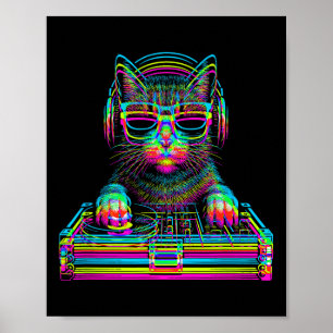 Vaporwave Cat Dj Techno Rave Edm Music Concert Par Poster