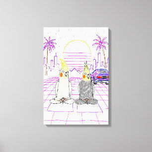 "Vaporwave Cockatiels Retro Sunset Canvas Print" Print
